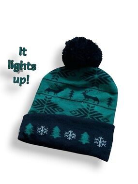 Light Up Winterr Holiday Beanie Tossel Cap Multicolor Lights Green Black